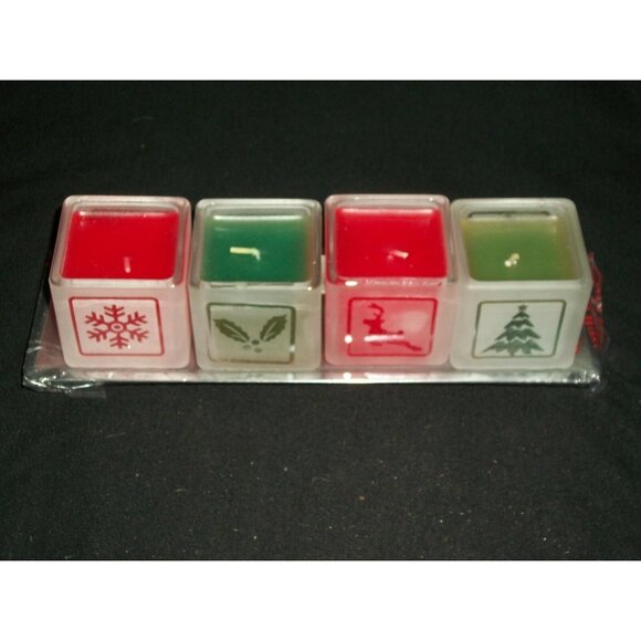 Home for the Holidays Christmas Votive Candles & Tray Set of 4 Red Green Frosted - Picture 5 of 7